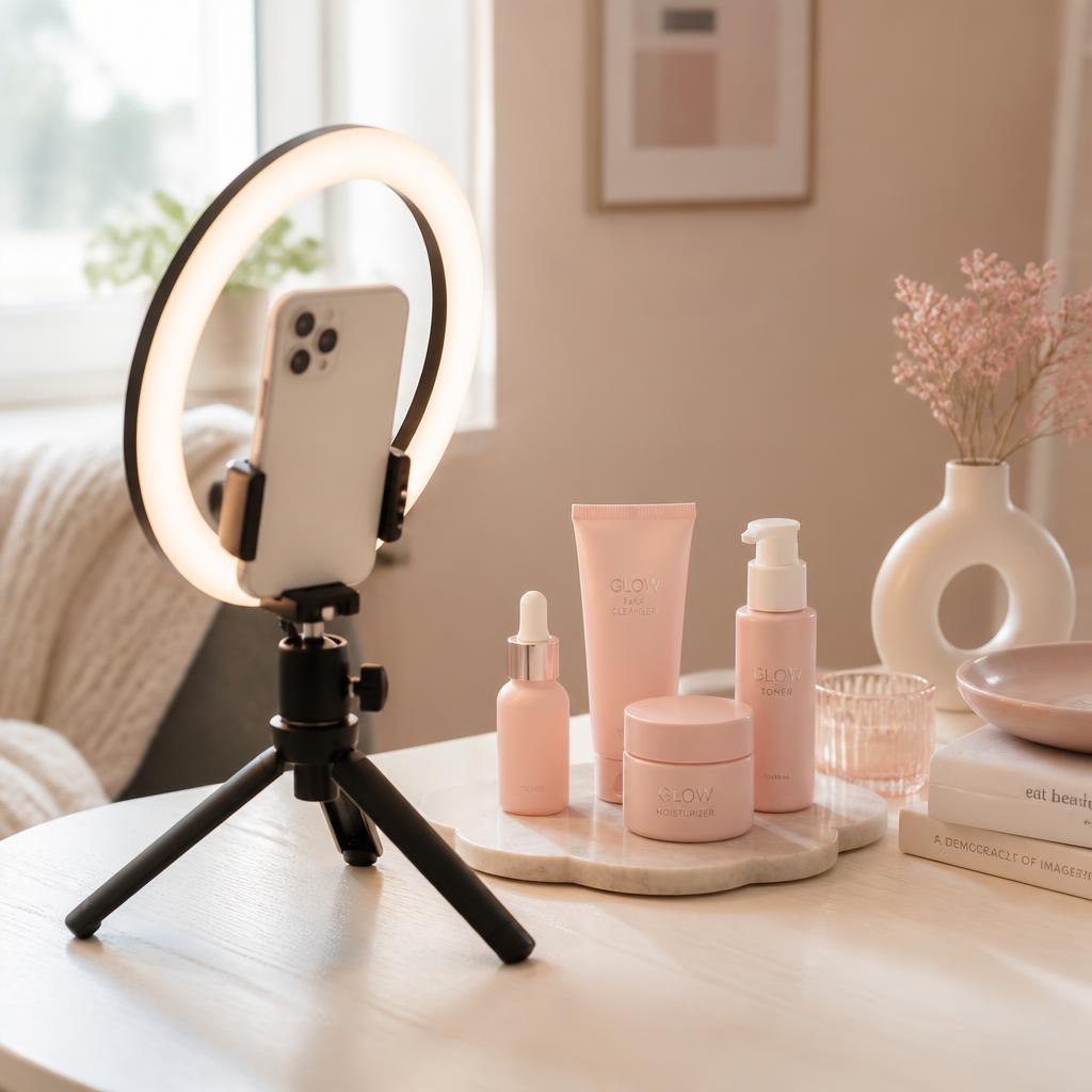 Phone on a tripod with a ring light filming pink skincare products